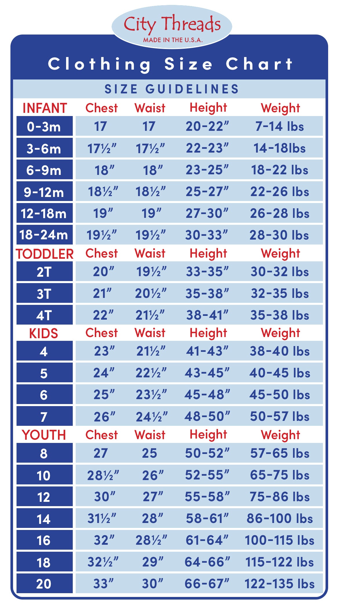 youth 18-20 size chart