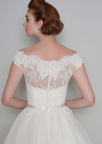 Rear view of Flossie Fifties style tea length wedding dress
