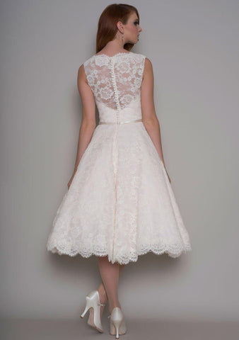 Rear view of the Rose Vintage inspired Fifties tea length wedding dress