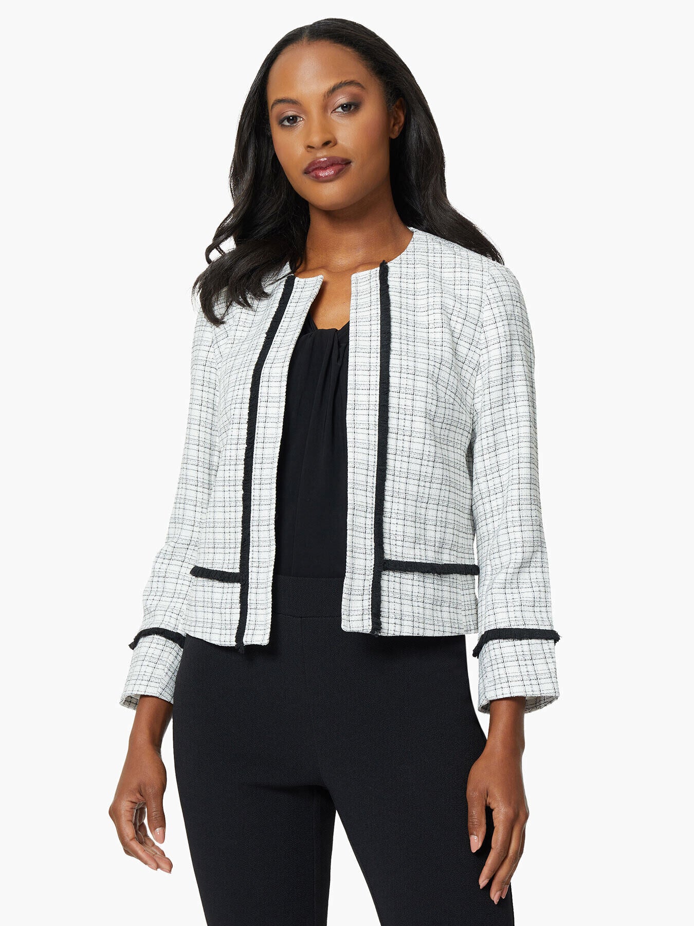 Fringe Trim Open Front Tweed Jacket