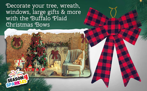 6 Piece Set Buffalo Plaid Christmas Decorations Perfect for Indoor and Outdoor - 9 x 12 Inches Large Red Christmas Bows for The Holiday Season
