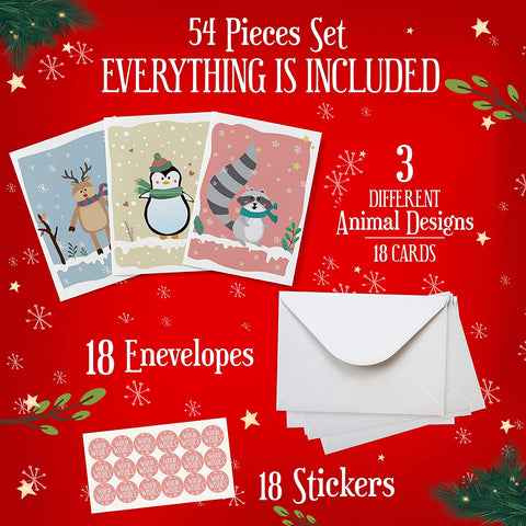 Image of Cute Animal Christmas Cards Assorted - 54 Pieces Set - Includes 18 Pcs Each Cards, Envelopes, Stickers. Happy Holiday Cards For Your Loved Ones
