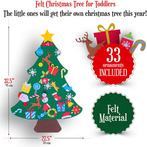 Felt Christmas Tree for Toddlers Perfect Stocking Stuffer - 37.5" x 27.5" Kids Wall Hanging Christmas Tree with 33 Ornaments - DIY Tree for Kids