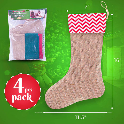 Image of 4 Pcs Set Burlap Christmas Stockings - Large 16 x 11.5 x 7 Inches Burlap Stocking Size for Treats and Goodies - Perfect Classic Xmas Burlap Stocking