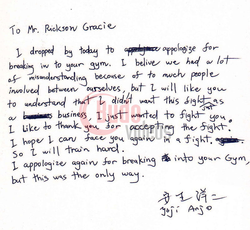 Letter to Rickson Gracie from Yuji Anjo