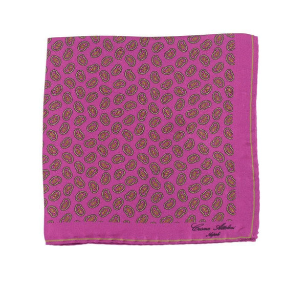 Cesare Attolini Purple With Green Paisley Motif Pocket Square Handmade In Italy