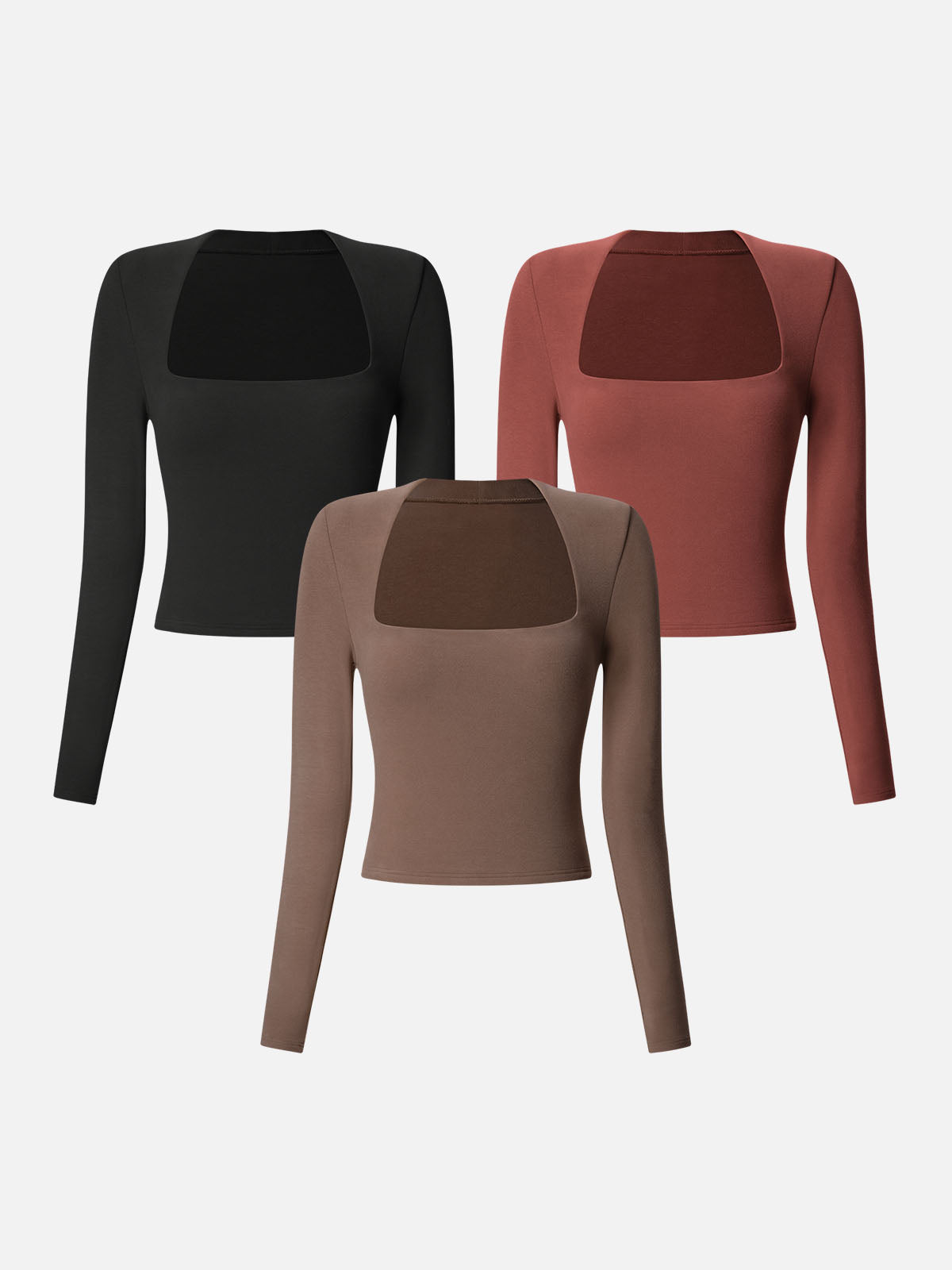 Eco-Mousse™ Brushed Tapered Square Neck Long Sleeve Top-3Pcs Set