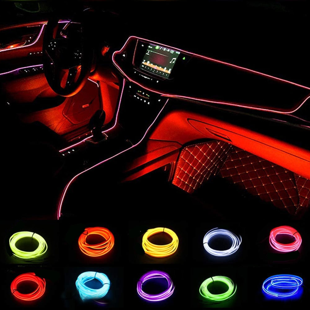 LED Car Interior Atmosphere Glow EL Wire Neon String Strip Tube Lights Car Decor 