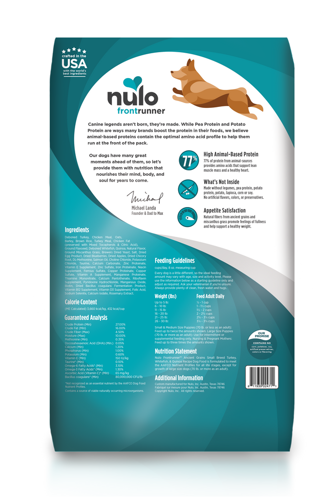 Nulo Frontrunner High Meat Kibble Turkey, Whitefish, and Quinoa Small Breed Recipe, Dry Dog Food, 3-lb Bag