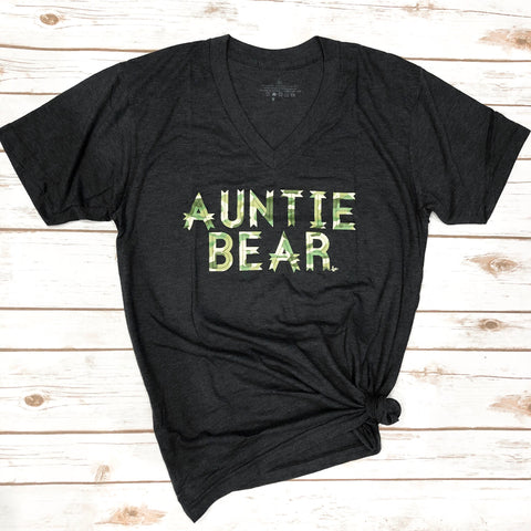 Auntie Bear" Tri-Charcoal V Neck CAMO DESIGN