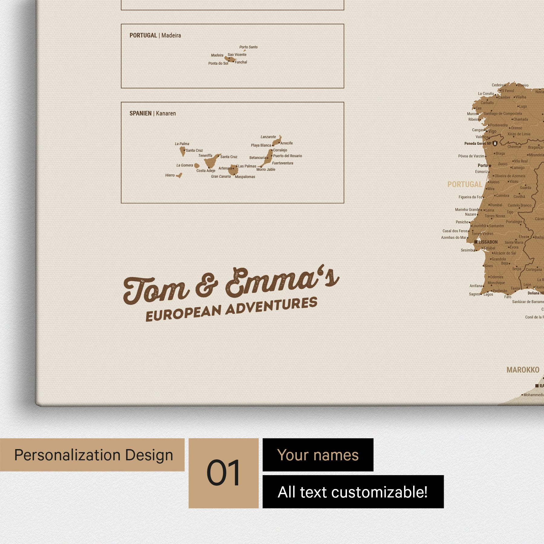 Map of Europe as a pinboard canvas in bronze with personalization and names in a modern script font