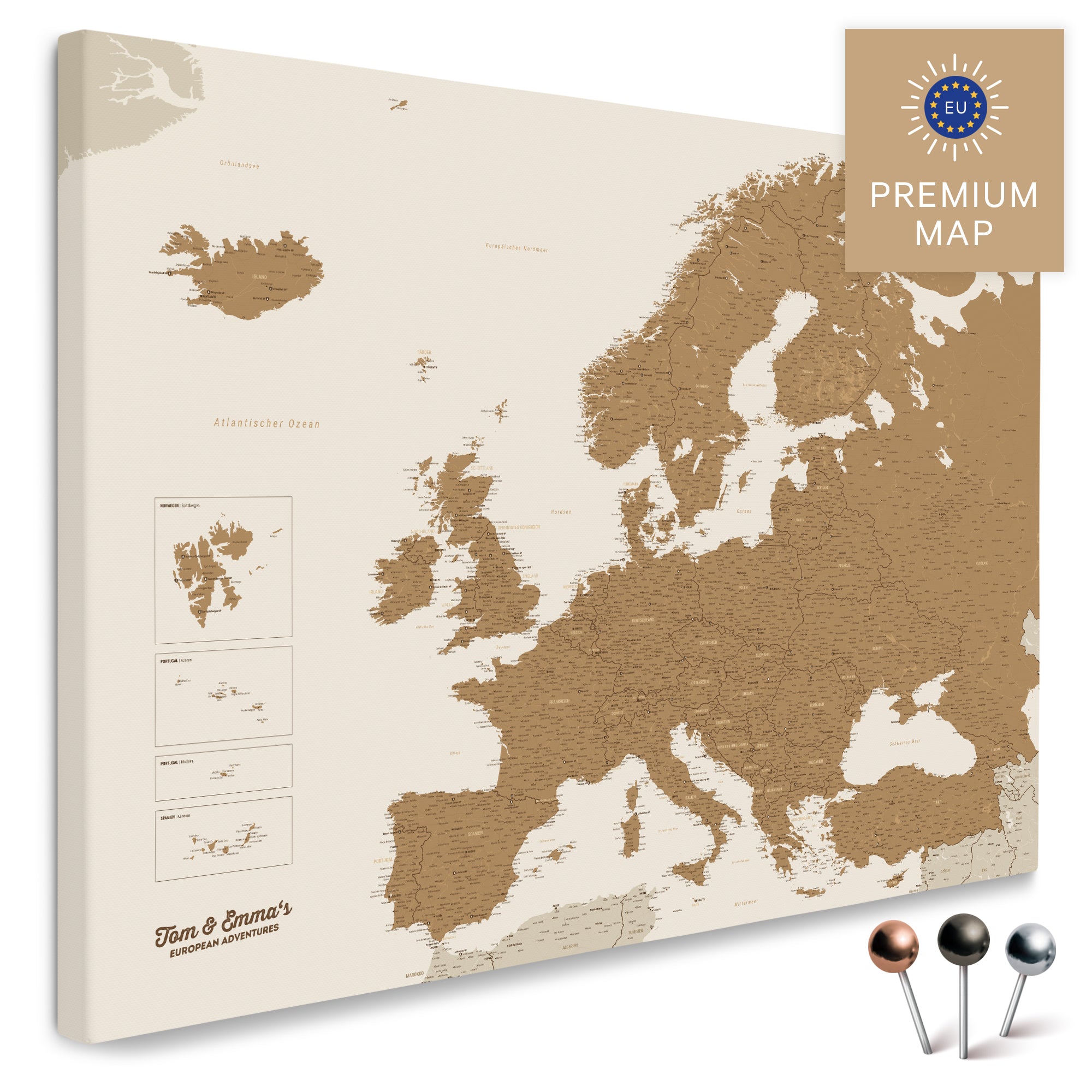 Europe map in bronze color in a modern, minimalist design as a canvas for pinning trips and places