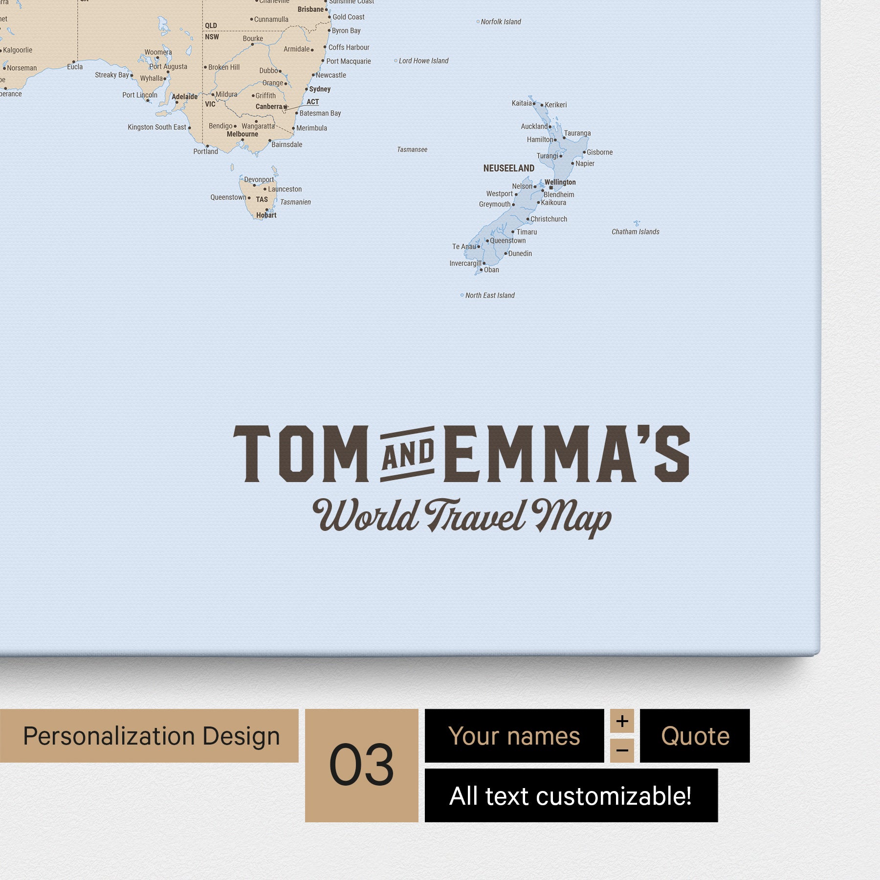 Personalisierung einer politischen Weltkarte Pinnwand in Multicolor Atlas mit einem Logo im Vintage-Look, bei dem die Namen und die Unterzeile „World Travel Map“ geändert werden kann