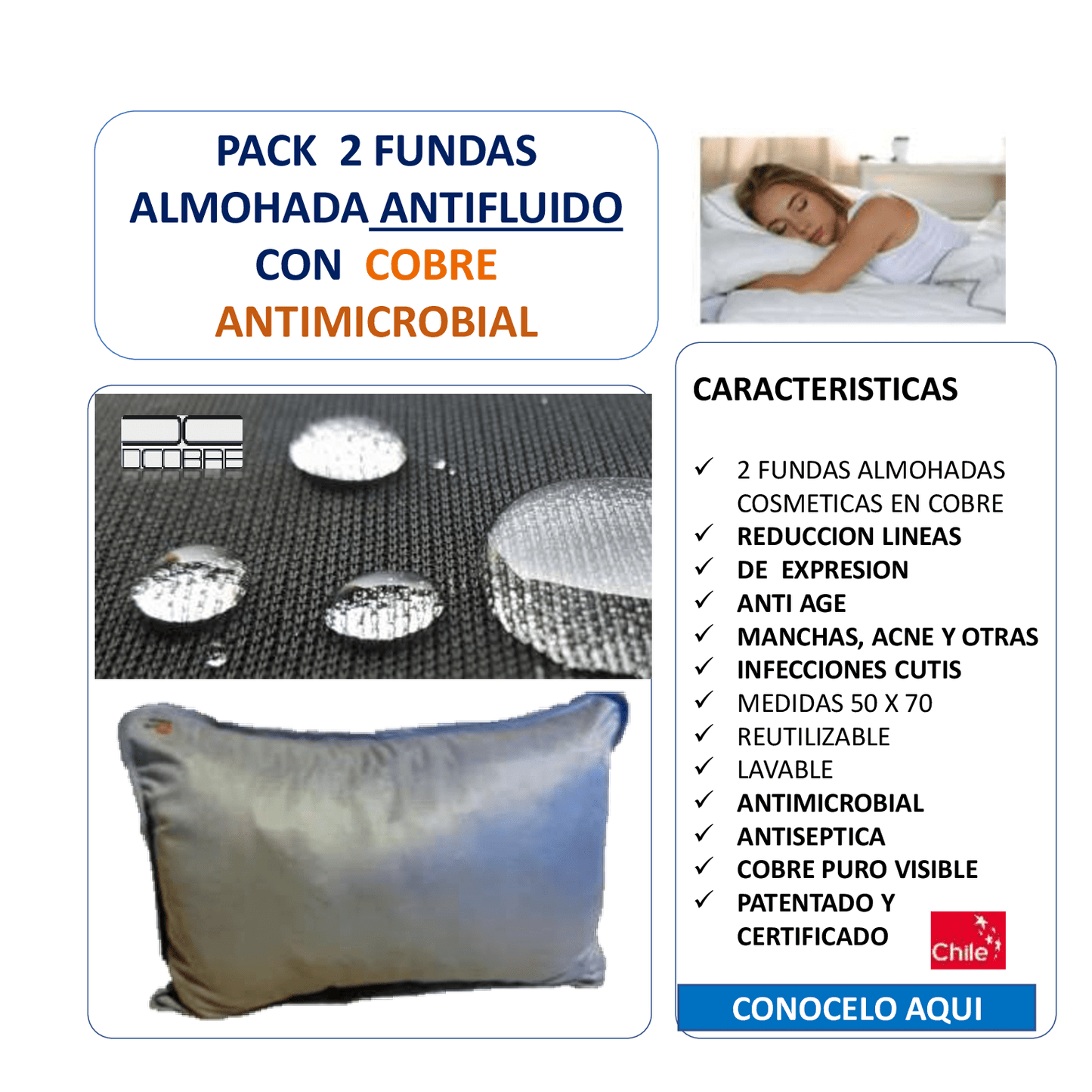 Pack de 2 Fundas Almohadas Anti fluidos colores varios Tela con Cobre