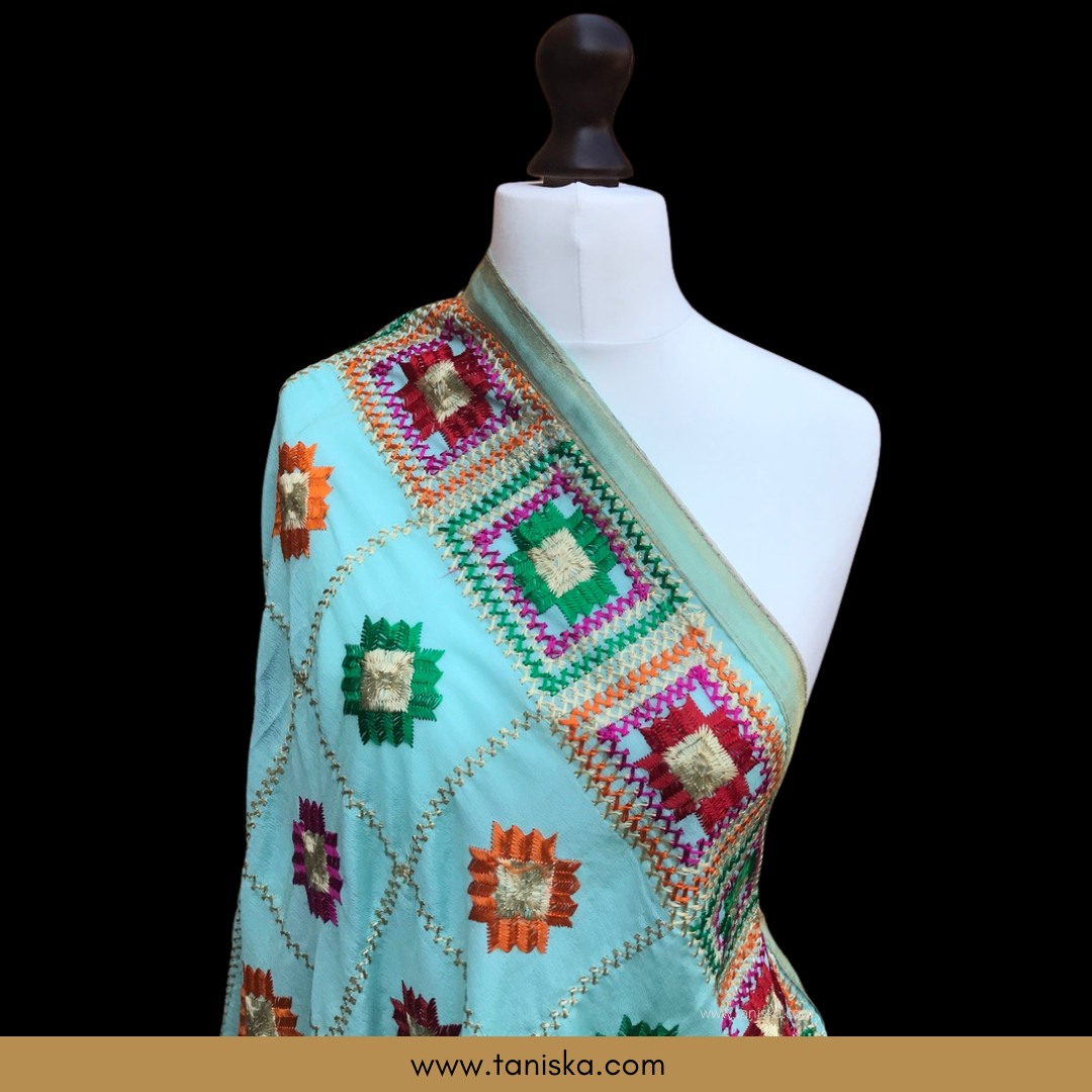 Pastel Sea Green Minty Blue Phulkari Dupatta - (Normal RRP: £30.95, Price Locked at £15)
