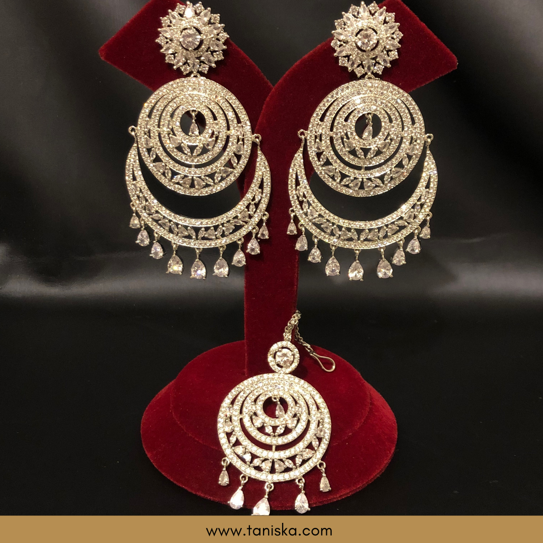 American Diamond Style, Cubic Zirconia Statement Earring & Tikka Set - Silver