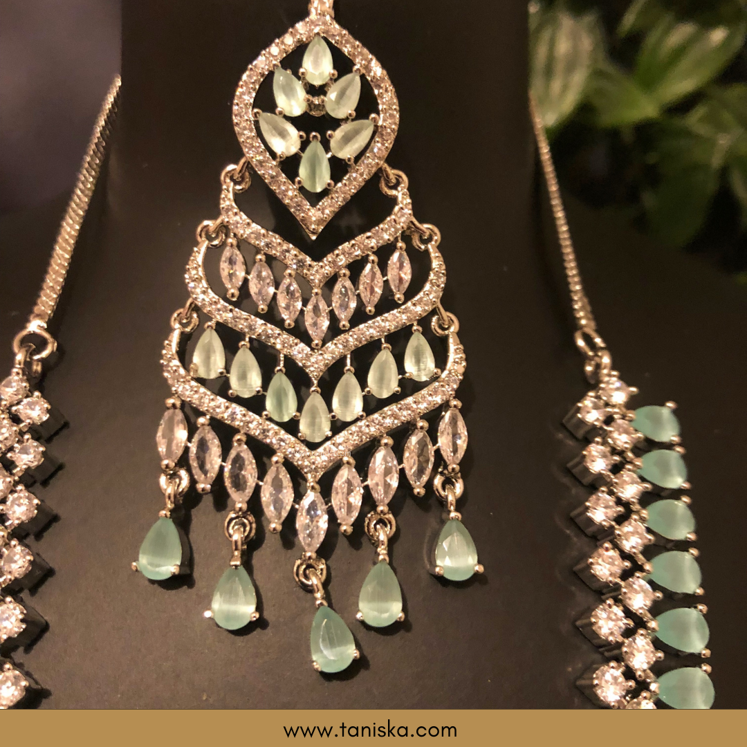 American Diamond Style Necklace Set - Silver/Mint