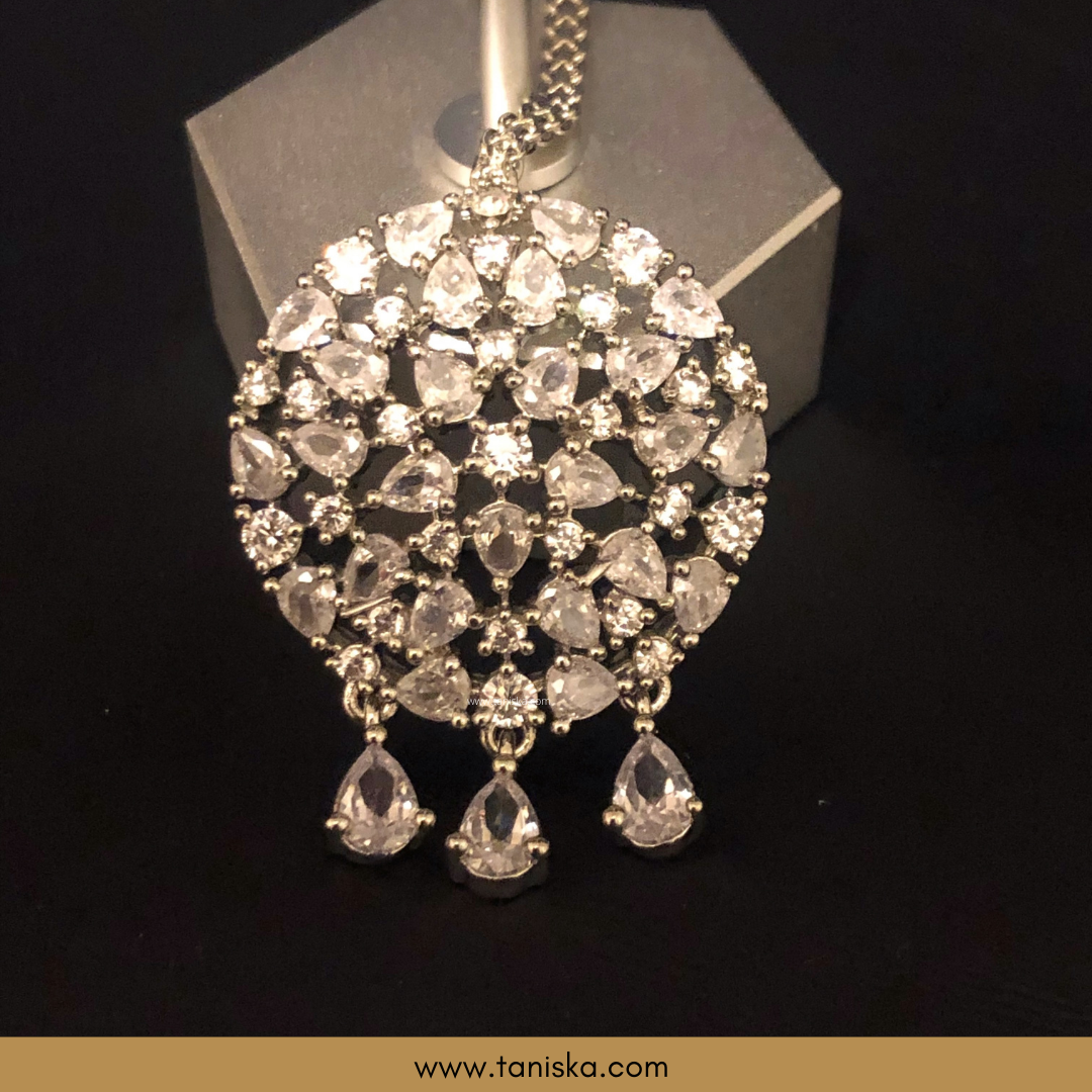 American Diamond Style Earring & Tikka Set - Silver