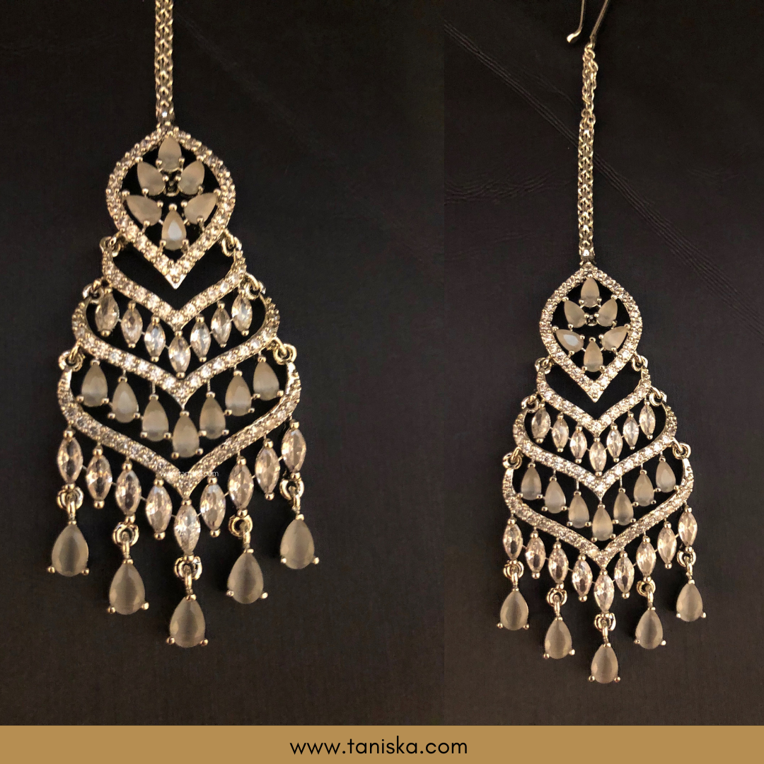 American Diamond Style Earring & Tikka Set - Silver (White)