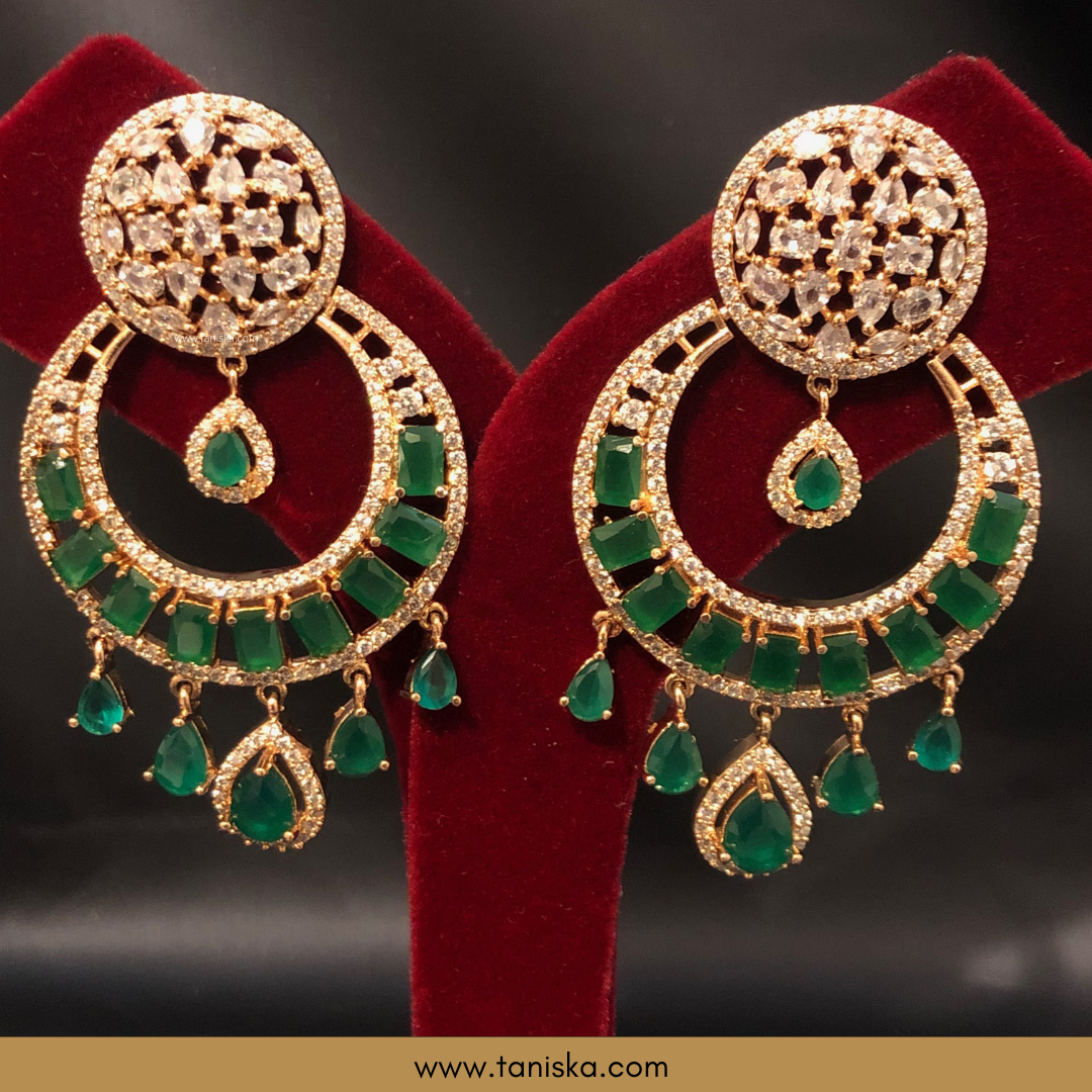 American Diamond Style Earrings & Tikka Set - Emerald Green / Rose Gold
