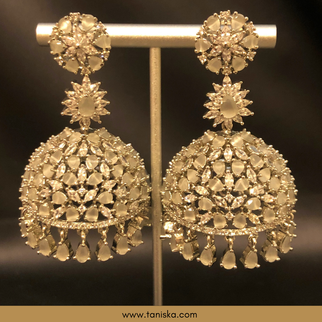 American Diamond Style Earring & Tikka Set - Silver/White