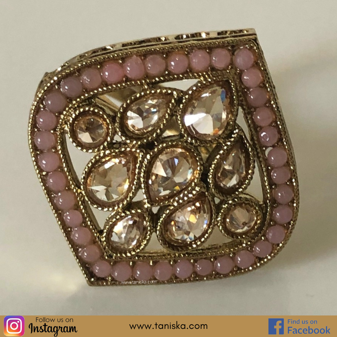 Small Pearly Antique Gold Plated Adjustable Ring - Baby Pink