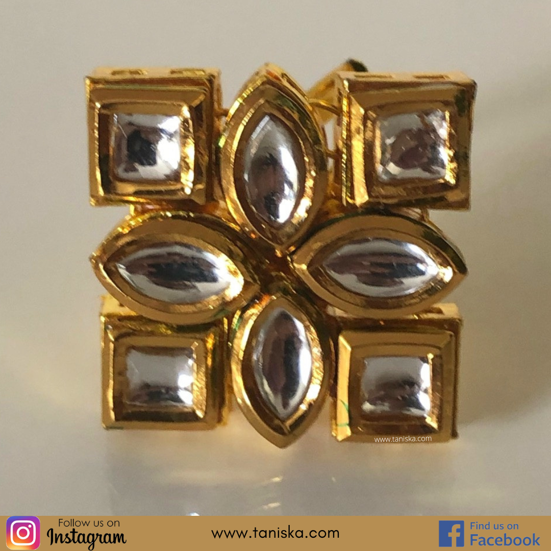 Kundan Gold Plated Adjustable Ring - Clear