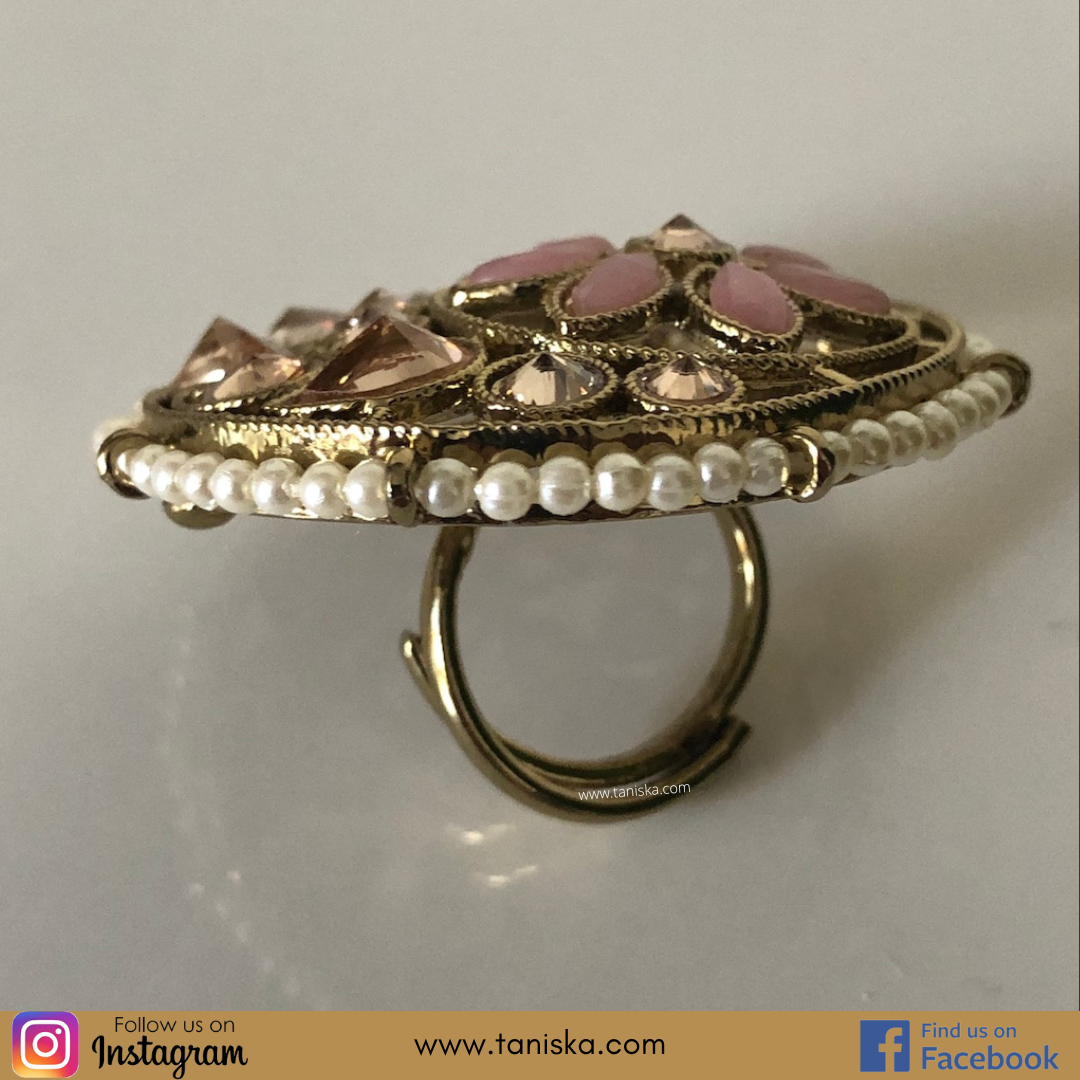 Antique Gold Plated Adjustable Ring - Baby Pink