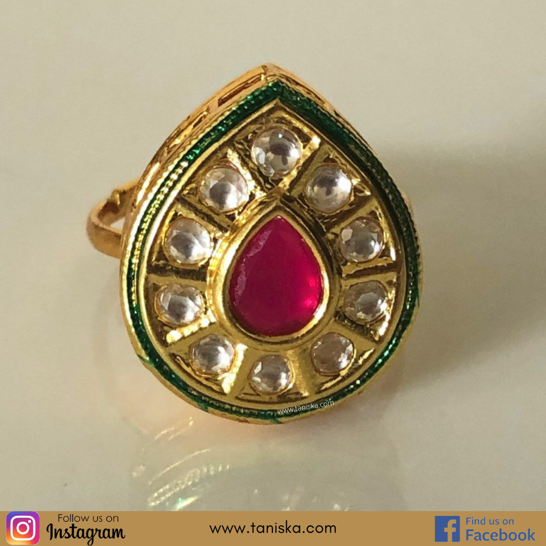 Small Kundan Gold Plated Adjustable Ring - Ruby (Meenakari Backing)