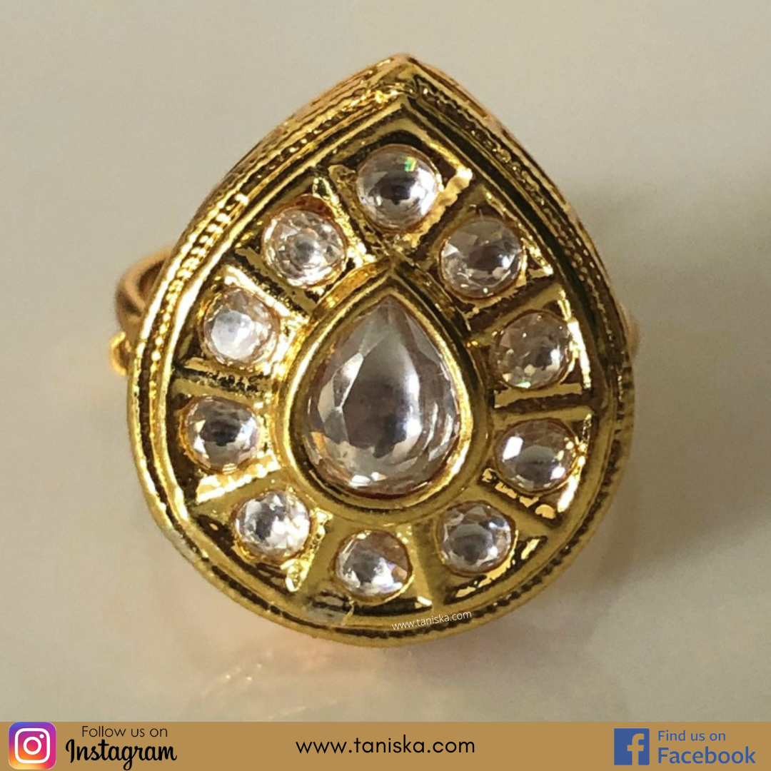 Small Kundan Gold Plated Adjustable Ring - Clear (Meenakari Backing)