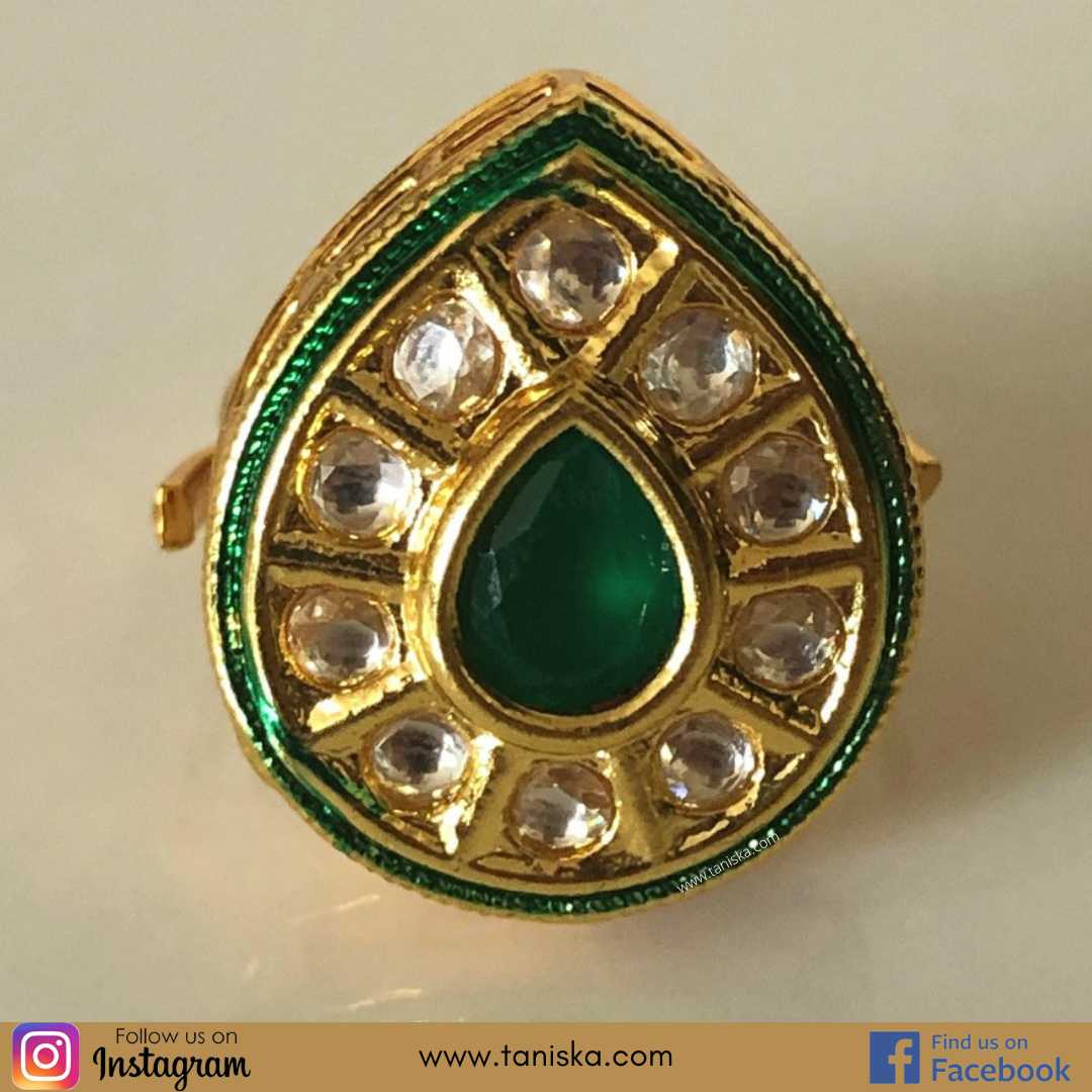 Small Kundan Gold Plated Adjustable Ring - Emerald (Meenakari Backing)
