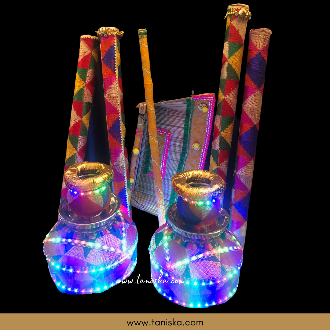 Meenakari Peacock Mayian Fatti Full Set & New LED Jaggo Plus Chaj Set (with Bells/Ghungroo) - Phulkari Print - JESSY Custom PRE-ORDER