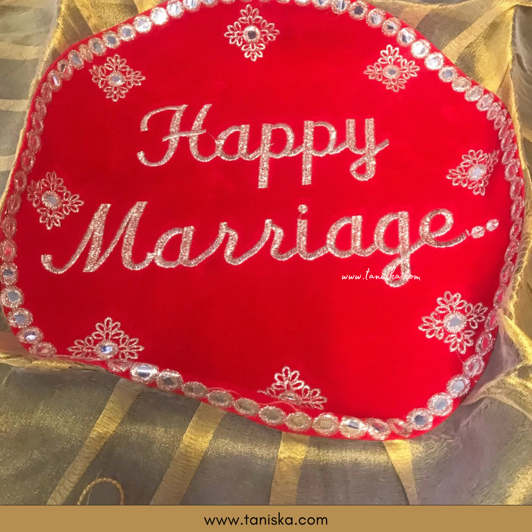 "Happy Marriage" - 1 Red Multi-Purpose DORI RUMAL, Engagement Ceremony, Potli Bag, Indian Wedding, Shagan Ceremony, Chunni Charhana, Bridal Shower, Baby Shower - Perfect for: Maiyan, Weddings, Favors, Shaadi, Walima