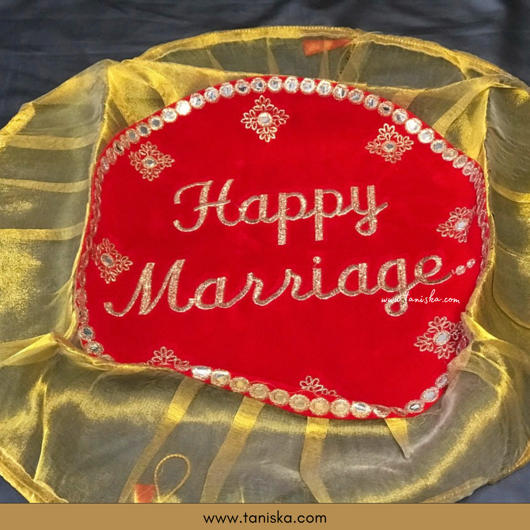"Happy Marriage" - 1 Red Multi-Purpose DORI RUMAL, Engagement Ceremony, Potli Bag, Indian Wedding, Shagan Ceremony, Chunni Charhana, Bridal Shower, Baby Shower - Perfect for: Maiyan, Weddings, Favors, Shaadi, Walima