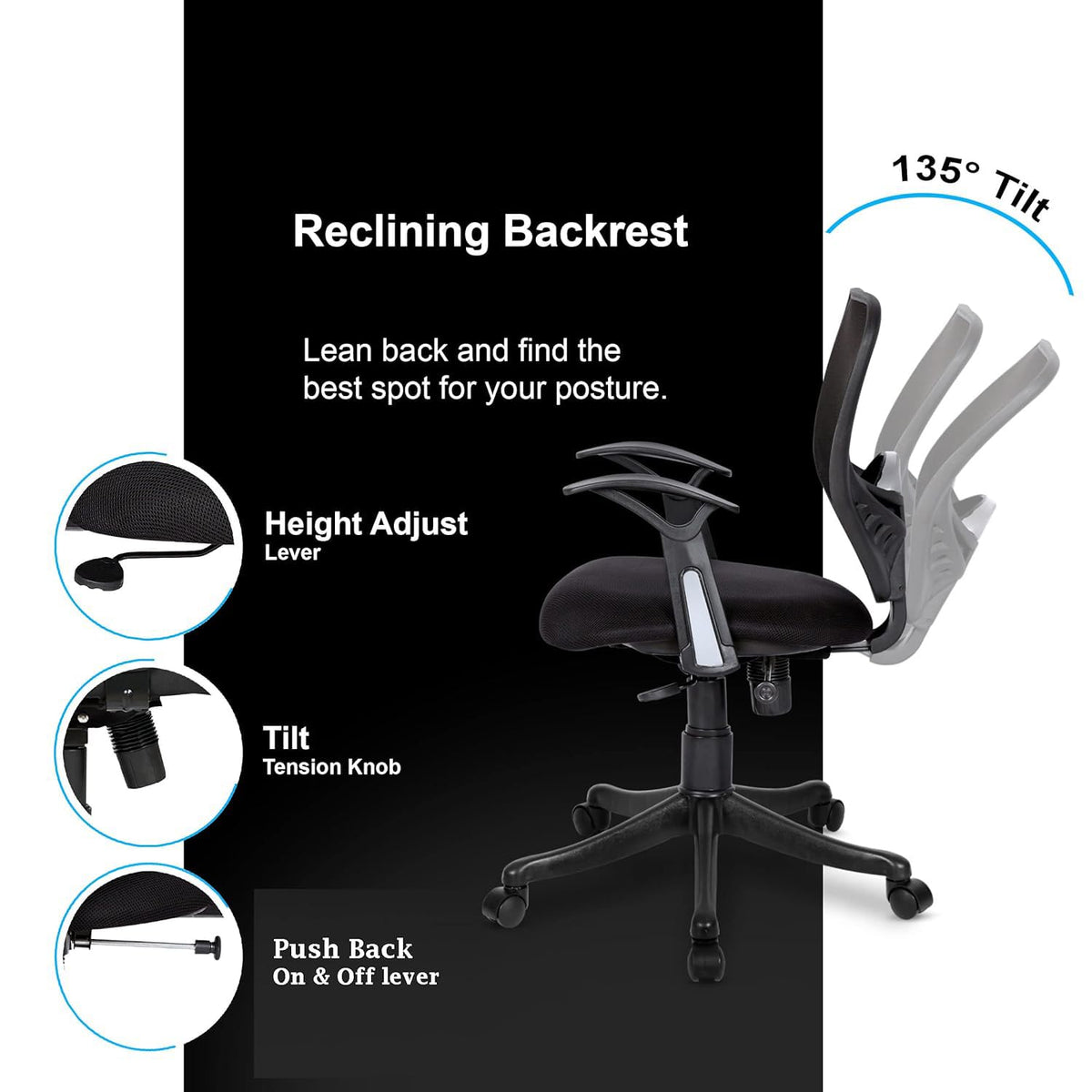 SmileSellers Star Execuative Ergonomic Office Chair| Height Adjustable Seat | Upholstered Seat and T Type armrest Provides Better Comfort |Push Back Tilt Feature |Mid Back