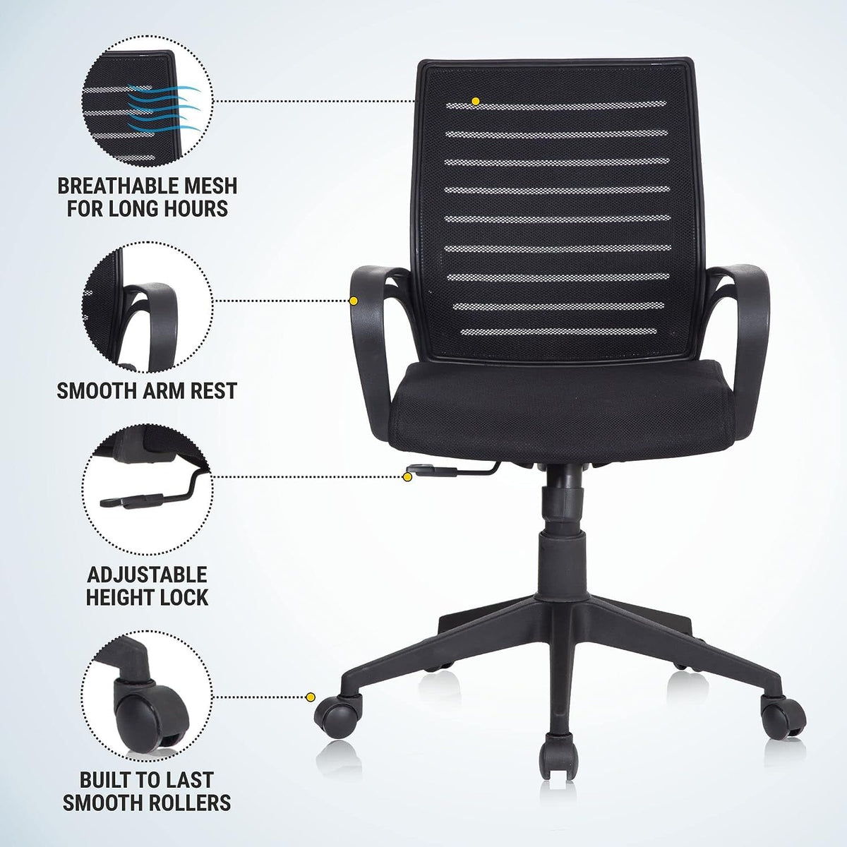 SmileSellers Boom Mesh Mid-Back Ergonomic Desk Office Chair with Tilting Mechanism, Comfortable Seat, and Revolving Heavy Duty Metal Base | Ideal for Work from Home & Study