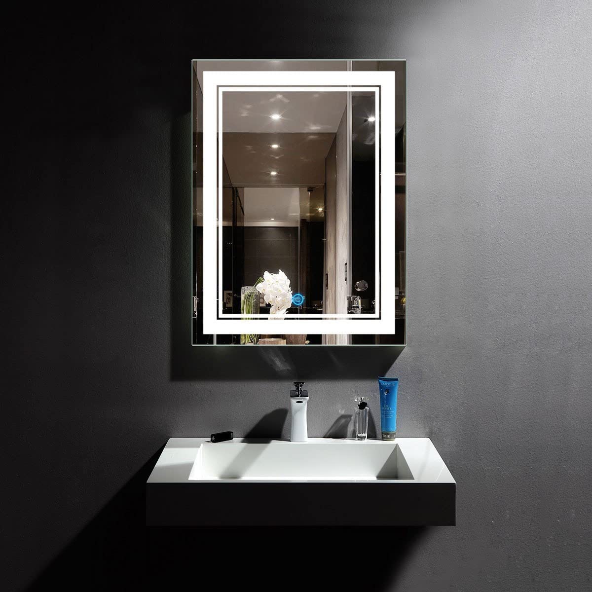 SmileSellers Led Mirror Wall Mounted Rectangular 24x18 Inch Led Wall Mirror with Warm Light + White Light + Cool Day Light + Dimmer