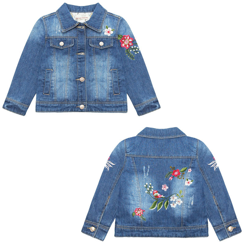 KIDSCOOL SPACE Little Girl Jean Jacket,Flower Embroidered Denim Outfits 