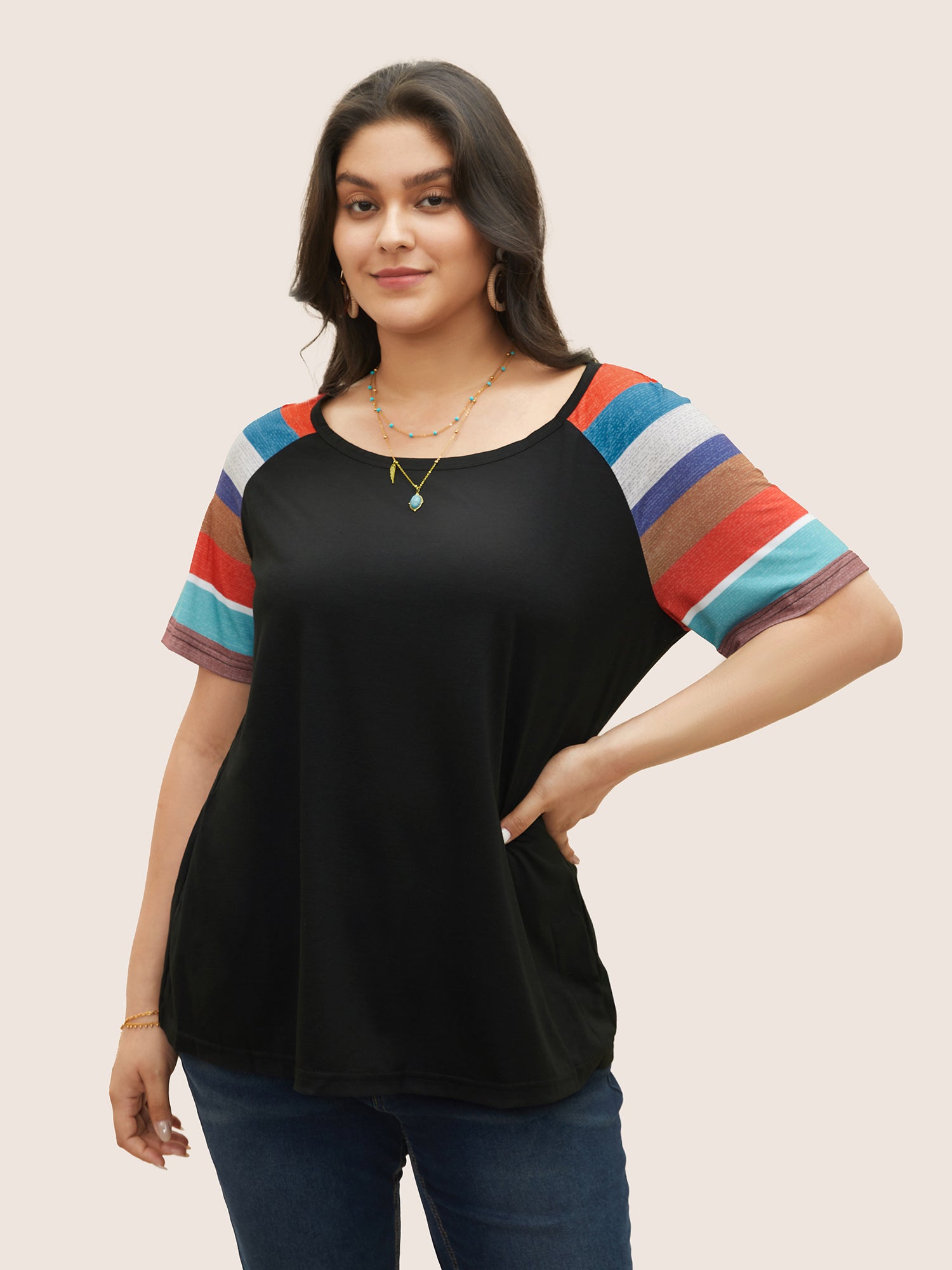 

Plus Size Women Vacation Striped Raglan sleeve Short sleeve Round Neck Resort T-shirts BloomChic, Black
