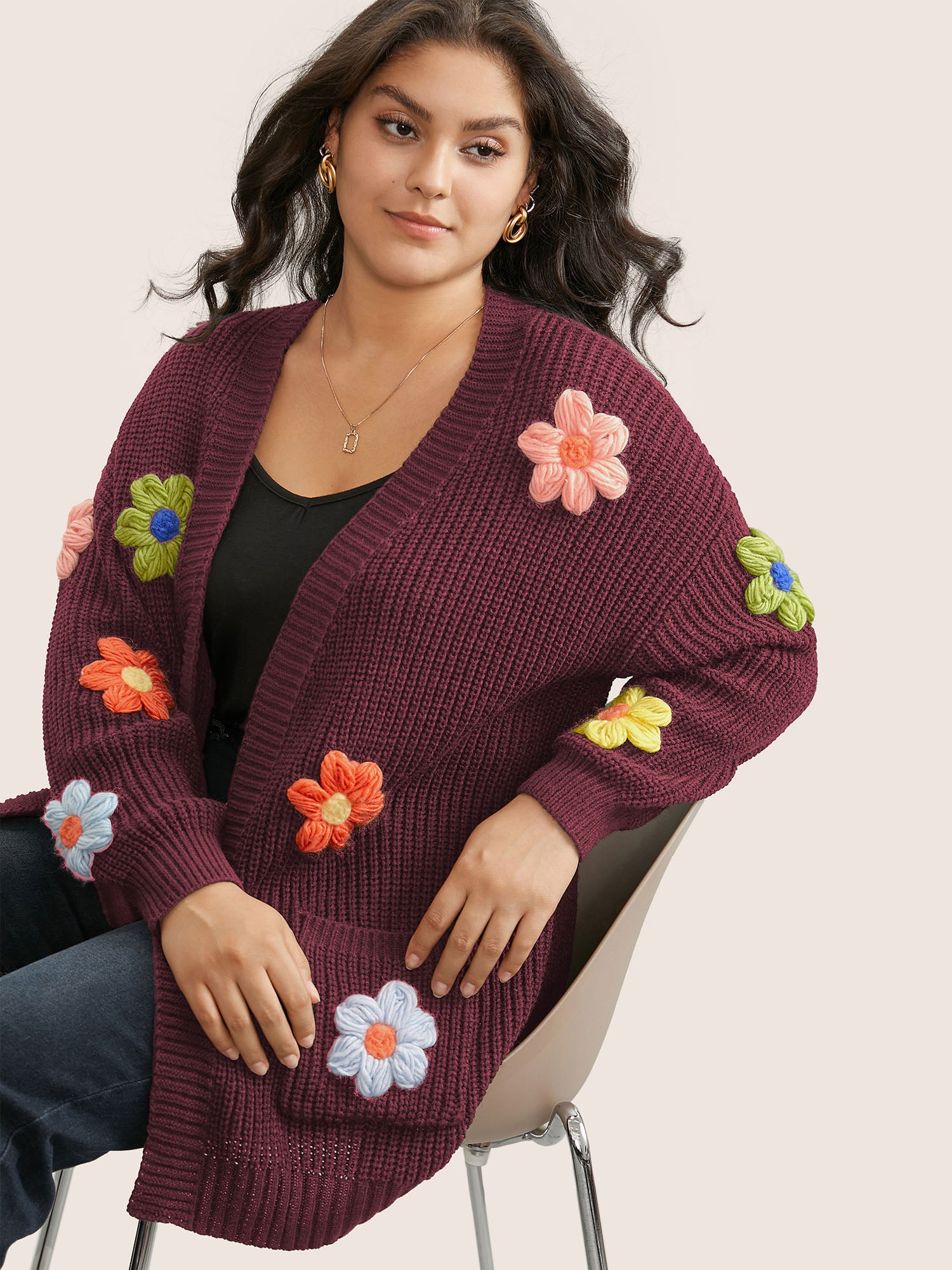 

Plus Size Cardigans | Rainbow Floral Pocket Open Front Cardigan | BloomChic, Burgundy