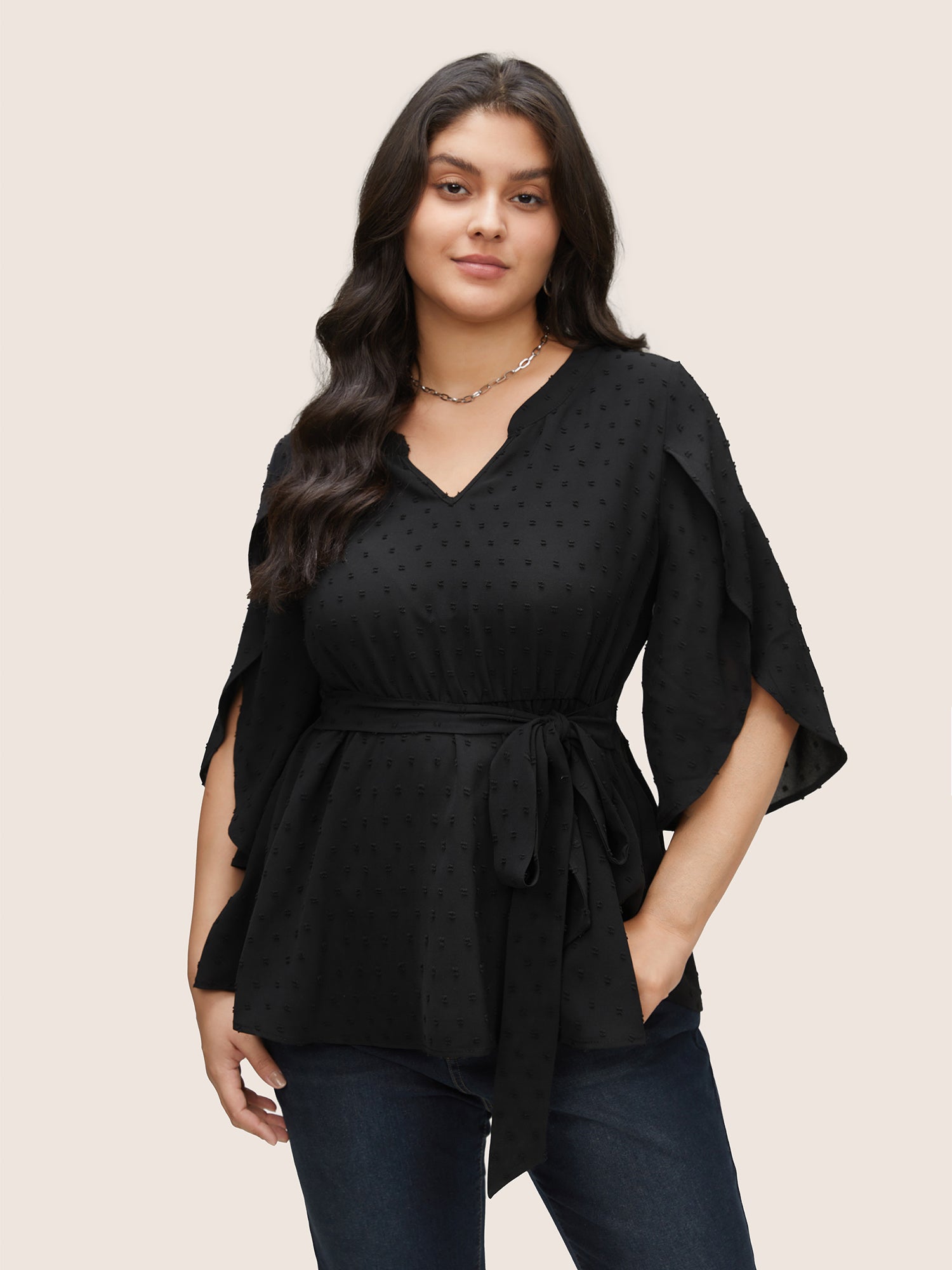 

Plus Size Women Work Plain Texture Petal sleeve Elbow-length sleeve Flat collar with V-notch Work From Home Blouses BloomChic, Black