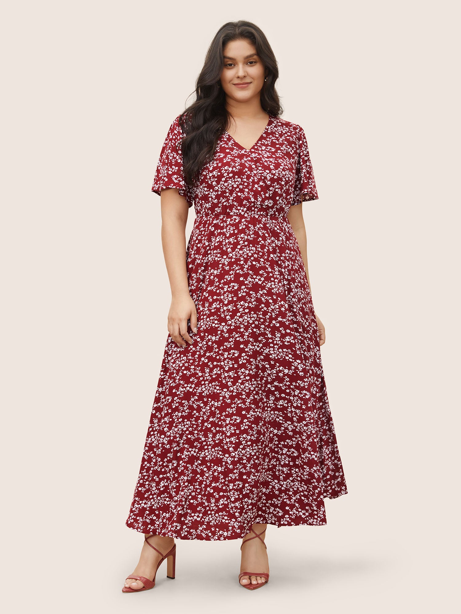 

Plus Size Women Work Slit Ruffle Sleeve Short sleeve V-neck Pocket Elegant Dresses BloomChic, Raspberry