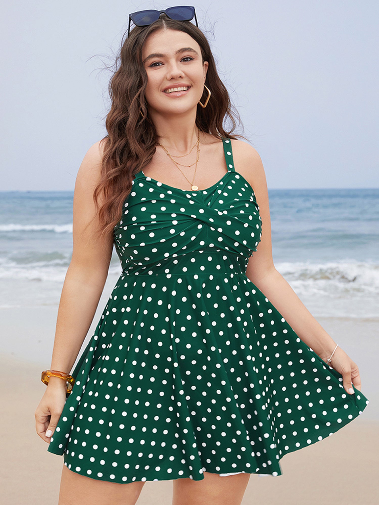 

Polka Dot Crossover Ruched Flutter Hem Swim Dress BloomChic, Green