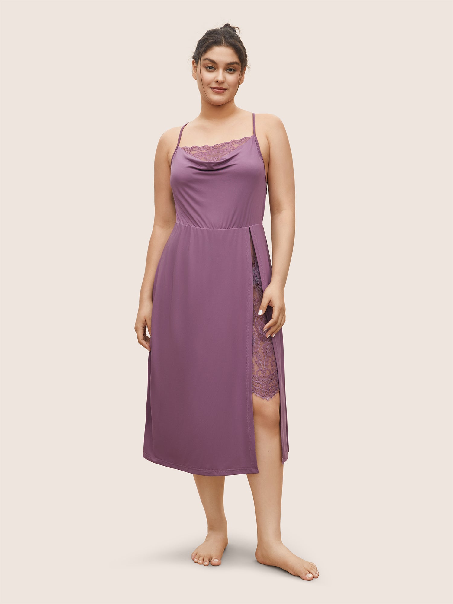 

Plus Size Sleep Dresses | Cowl Neck Lace Panel Split Side Sleep Dress | BloomChic, Mauve