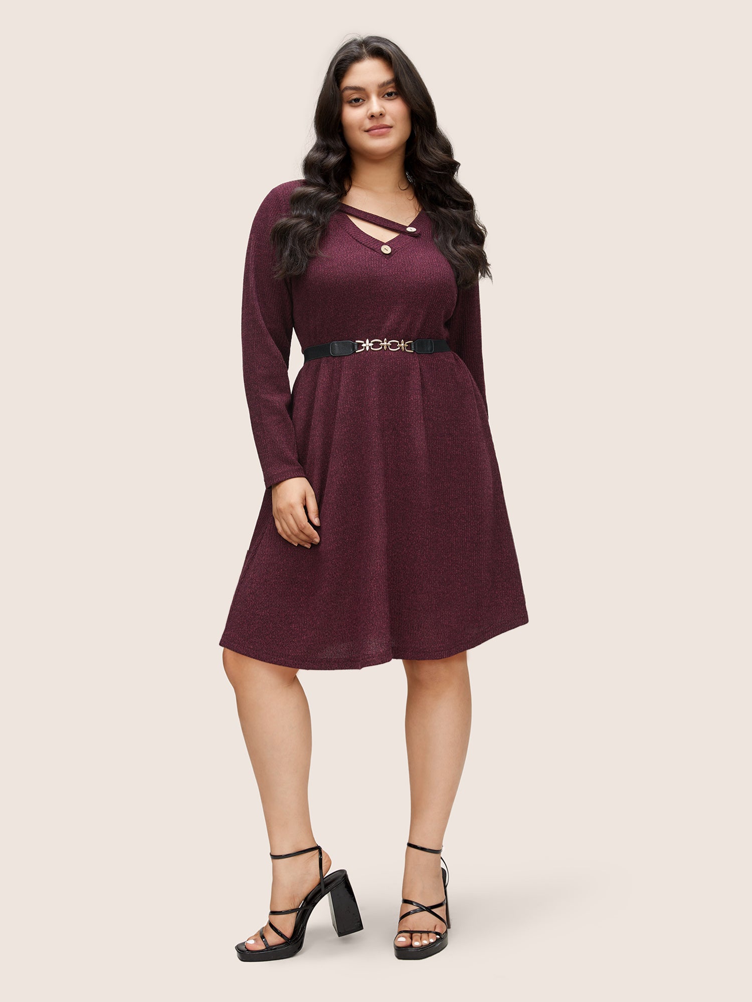 

Plus Size Women Dailywear Plain Rib Knit Regular Sleeve Long Sleeve Asymmetrical Neck Pocket Casual Dresses BloomChic, Maroon