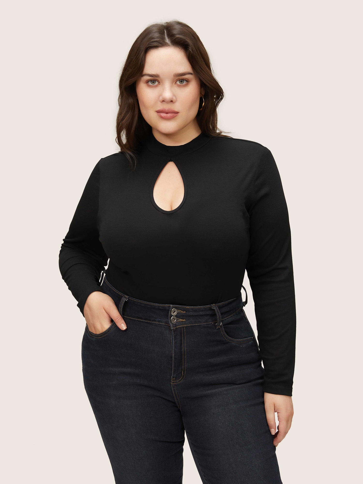 

Plus Size Women Dailywear Plain Plain Regular Sleeve Long Sleeve Keyhole Cut-Out Office T-shirts BloomChic, Black