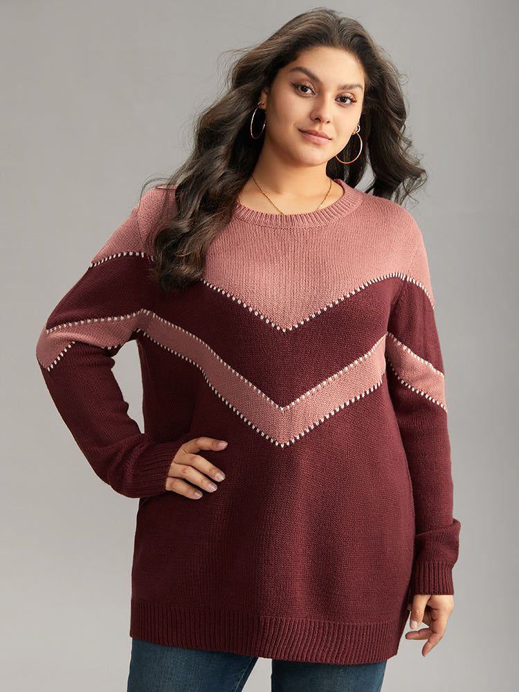 

Plus Size Pullovers | Colorblock Contrast Round Neck Pullover | BloomChic, Burgundy