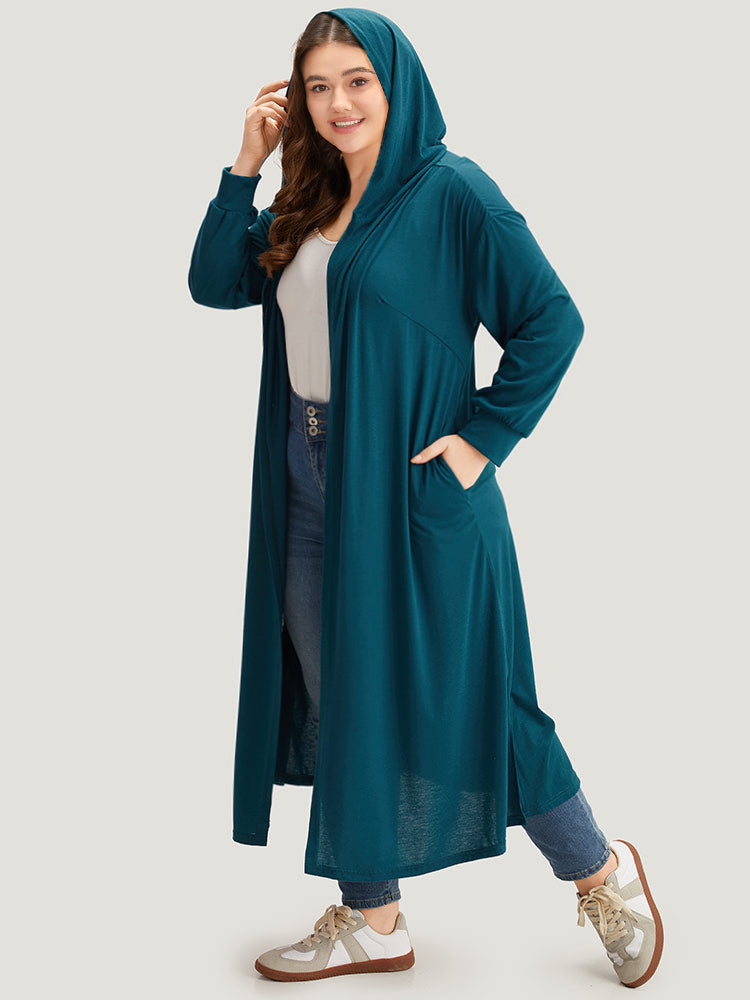 

Plus Size Cover Ups/Kimonos | Tunic Plain Hooded Pocket Split Hem Kimono | BloomChic, Cyan