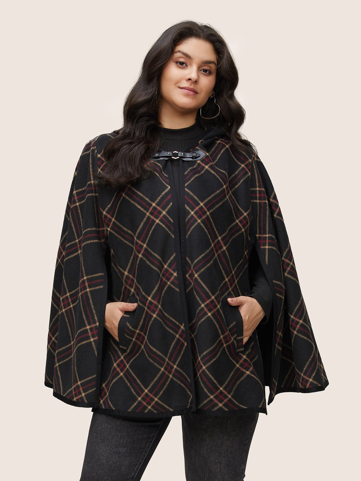 

Plus Size Cover Ups/Kimonos | Plaid Buckle Detail Hooded Cape Kimono | BloomChic, Black