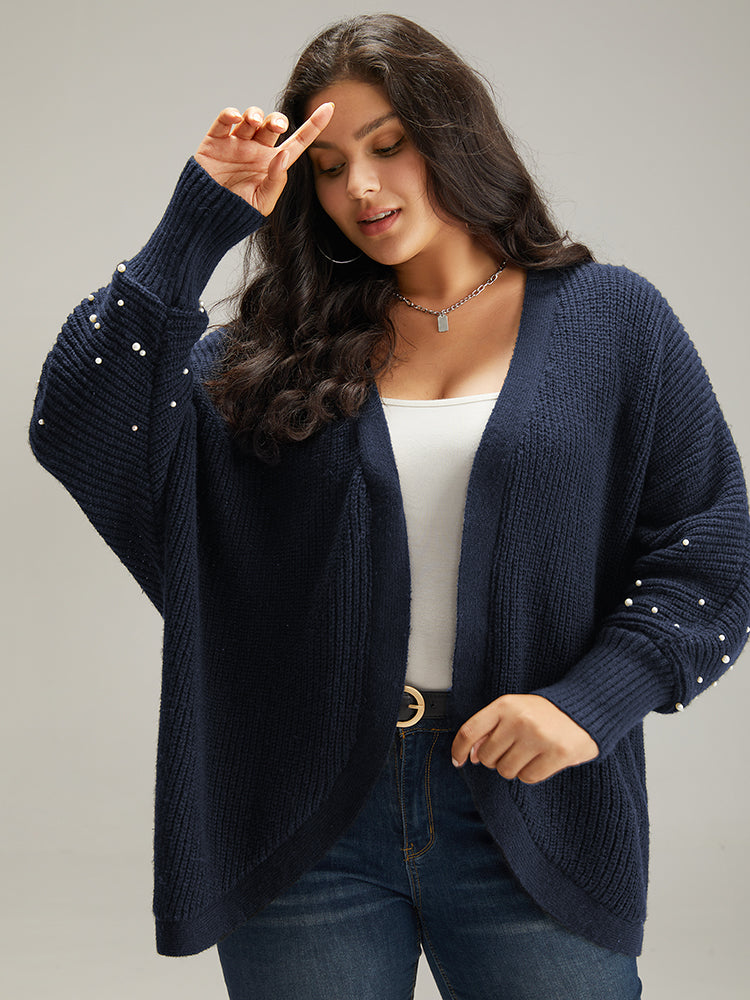 

Plus Size Cardigans | Patchwork Pearl Beaded Curved Hem Cardigan | BloomChic, Midnight